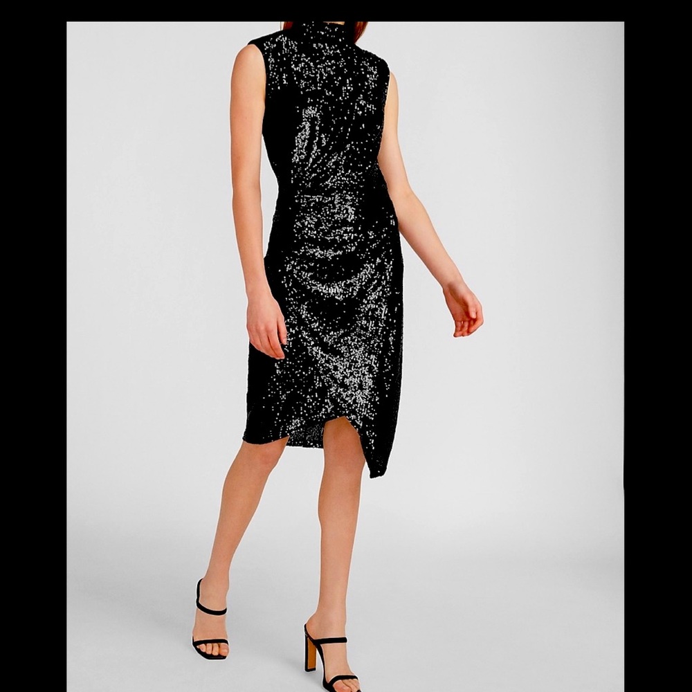 Sequin Asymmetrical Mock Neck Dress